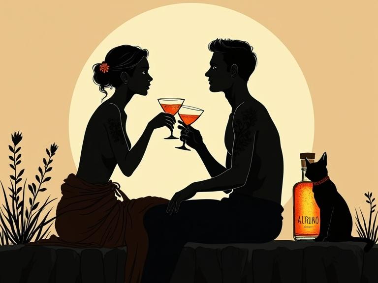Minimalist silhouette portrays a modern Venus goddess in mid-thirties with tattoos. She toasts with a male partner in a moonlit garden. Braided hair, flower behind ear, boho blouse and wrap-skirt. Apothecary bottle labeled 'ALFRUNO', glowing softly. Lynx watches the scene. Set against beige background with bold outlines, inspired by zen art, evoking a mysterious and elegant mood.