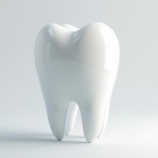 3D character of a clean tooth looking upward on the left side
