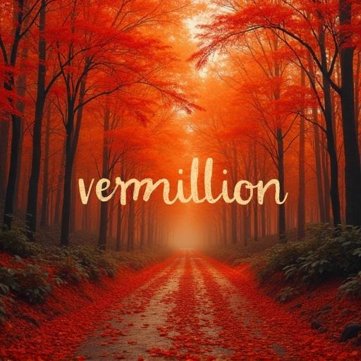 Design an earthy style for the phrase vermillion with a warm color palette of red and orange in an autumn forest setting