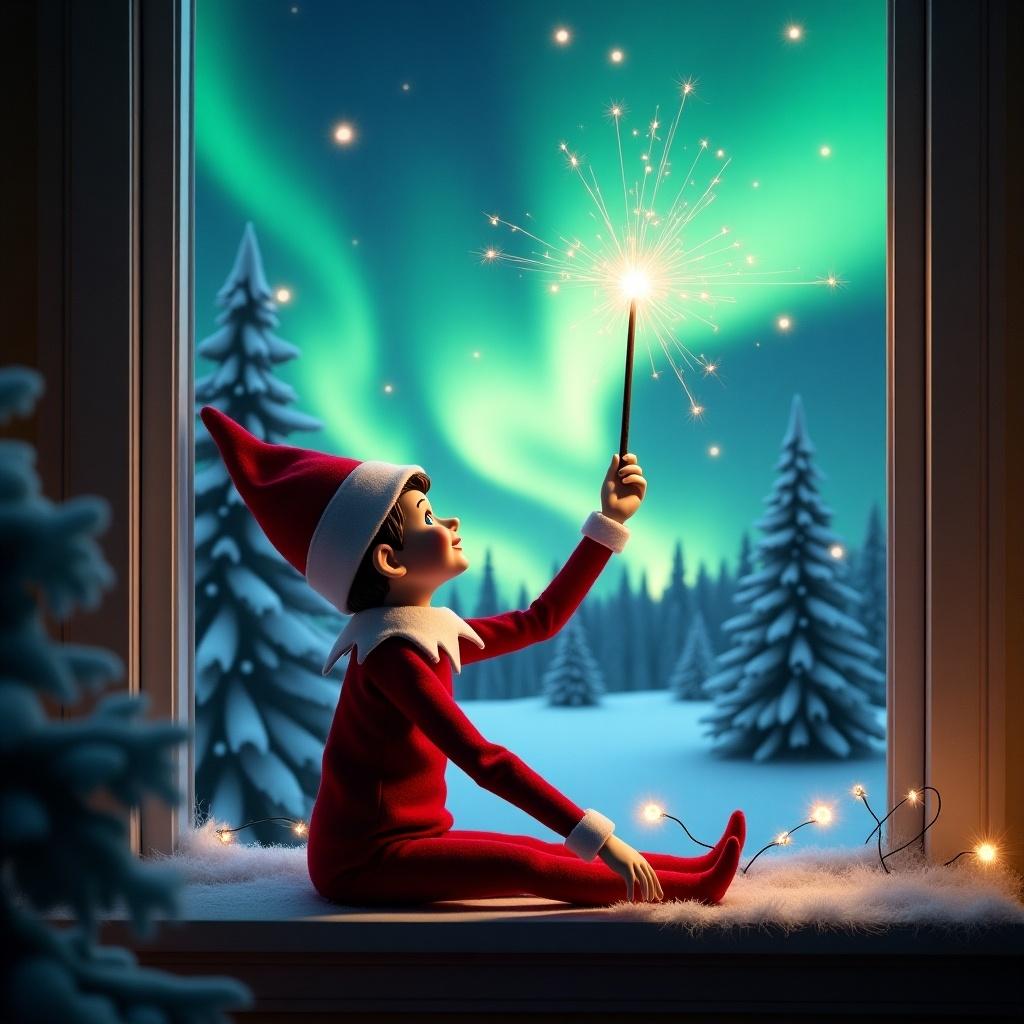 The image features an elf on the shelf sitting on a windowsill, with his back to the viewer. He is gazing up at the sky, using a wand to create magical sparks. The background depicts a captivating Christmas scene with vibrant northern lights illuminating the night sky. Pine trees covered in snow surround the setting, enhancing the holiday atmosphere. The elf's attire is festive, with a bright red outfit and fluffy white trim, embodying the spirit of Christmas.