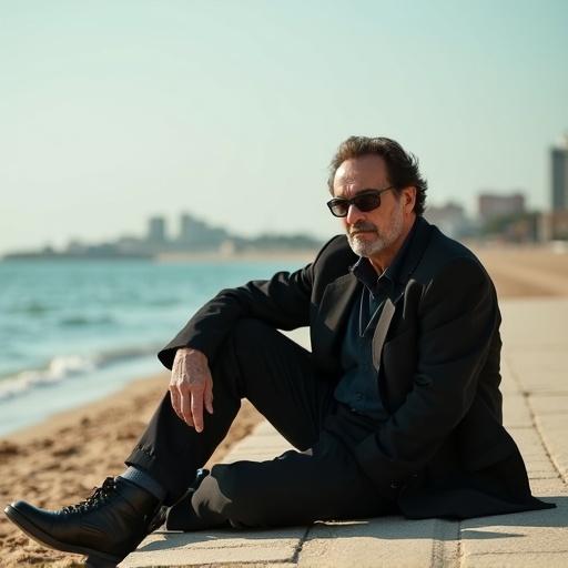 An international actor sits on pavement next to the beach in Alexandria. The scene evokes a contemplative mood with warm lighting. The actor wears a black suit and boots.