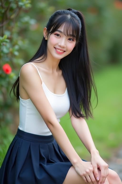 Stunning East Asian woman with delicate skin and feminine figure poses gracefully in a garden. She wears a fitted white camisole and navy pleated skirt. Long straight black hair in ponytail. Natural smile and soft lighting create a dreamy atmosphere.