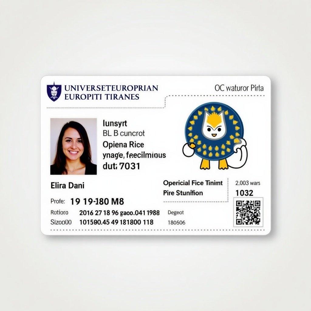 This image shows a scanned student ID card from the Universiteti europian i tiranes. It features the name Elira Dani prominently along with her photo. The card provides essential information such as a unique student ID number and various institutional identifiers. The design includes colors and elements that represent the university, enhancing its identity. It serves as an official identification for the student within the academic environment. The card is clearly designed to fulfill the needs of both students and administrative personnel.