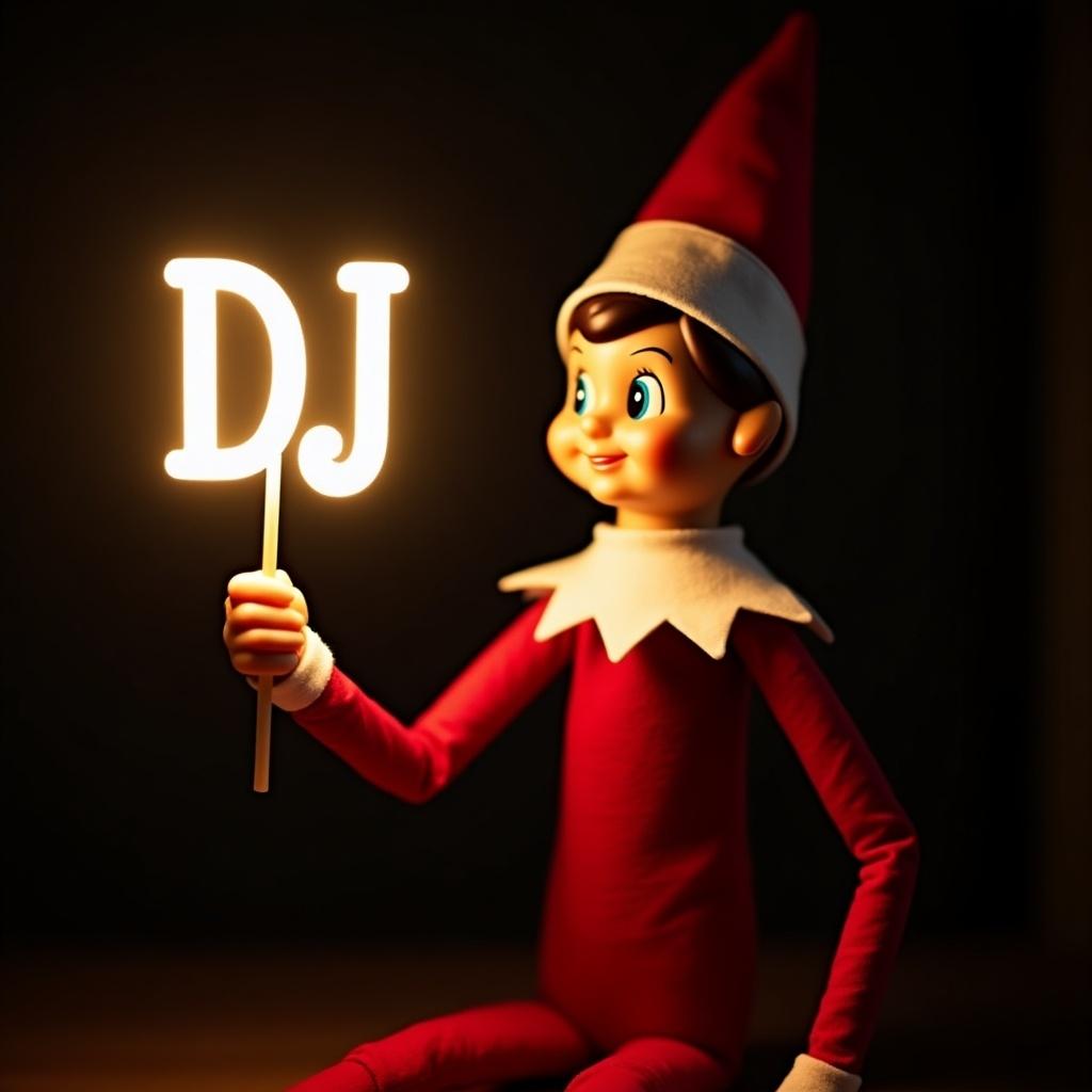 This image showcases a playful elf on the shelf character dressed in classic red and white attire. The elf is cheerfully holding a glow stick with the letters 'DJ' illuminated brightly. The soft glow contrasts beautifully against the dark background, enhancing the magical vibe of the scene. This festive setting perfectly captures the joys of the holiday season. The character, with its warm expression, evokes feelings of cheer and celebration commonly associated with Christmas. Overall, it embodies the spirit of fun and tradition during the holidays.