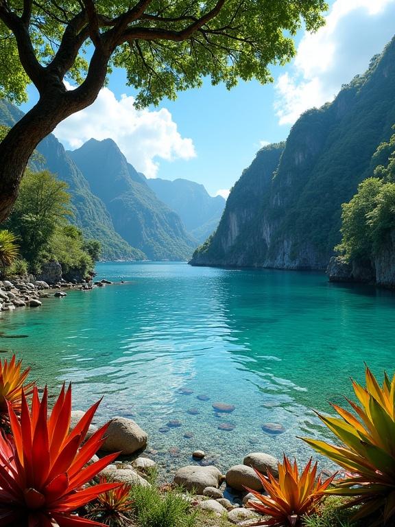 A tropical lagoon surrounded by tall green mountains under a blue sky. Water is clear showing smooth stones. Red and orange succulents decorate the foreground. Large leafy tree provides shade.