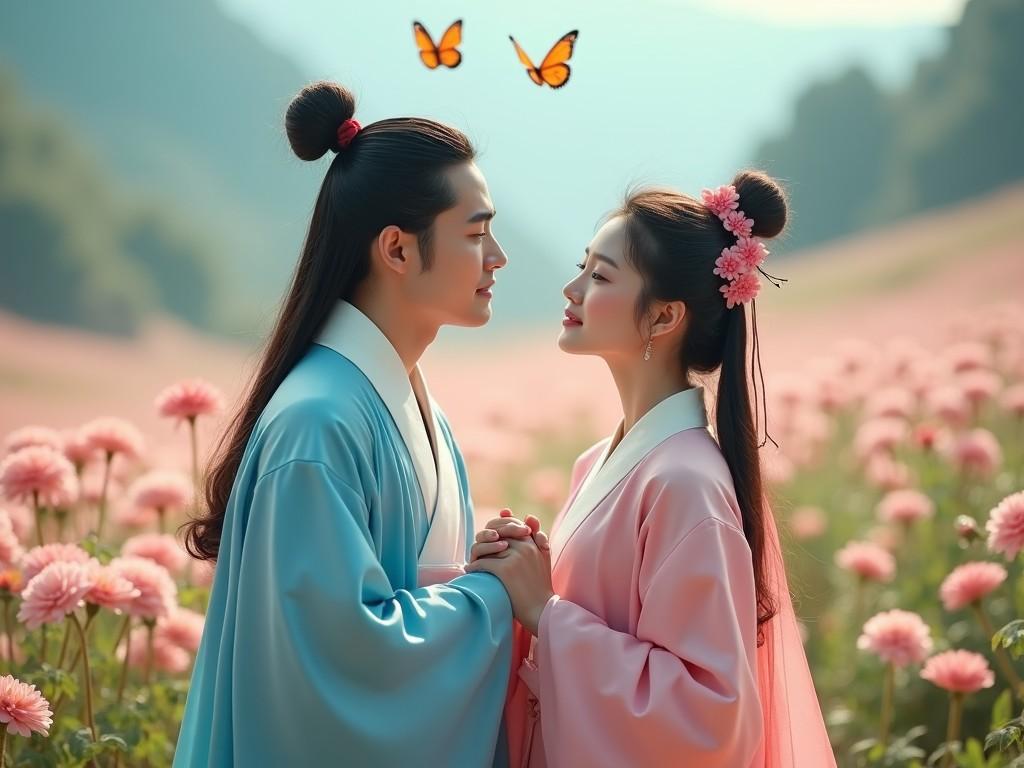 A movie scene captures a close-up of a young pair of lovers wearing traditional Hanfu, holding hands and admiring the beauty around them. The young man, handsome and scholarly, wears a blue and white Hanfu, fitting the classical image of an ancient scholar. Beside him, the young woman, with an exquisite face and delicate makeup, dons a pink Hanfu, embodying the grace and beauty of an ancient lady. They stand together in a valley that seems like a fairyland, surrounded by a field of blooming chrysanthemums. Butterflies flutter around them, adding to the enchanting atmosphere, as the scene is rendered with realistic skin tones, photo effects, and movie-quality color correction, highlighting every exquisite detail.