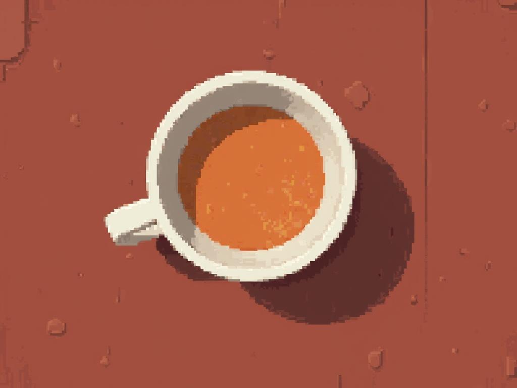 A top view of a white cup filled with orange soup on a wooden table. Cozy and warm atmosphere. Pixel art style.