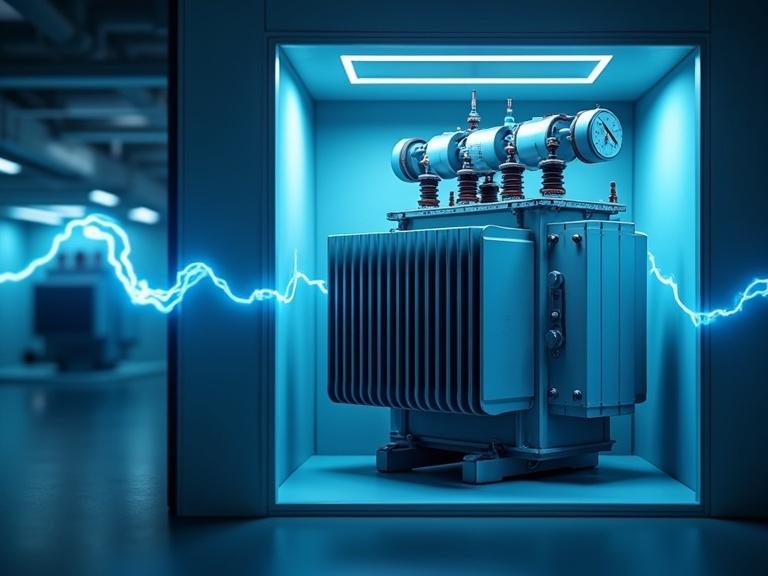 Close-up image of a Top Runner transformer. Transformer is installed in a modern cubicle. Blue light streaks symbolize energy flow and efficiency. The background is slightly blurred to emphasize the transformer. The atmosphere is advanced yet calm, conveying a sense of reliability.