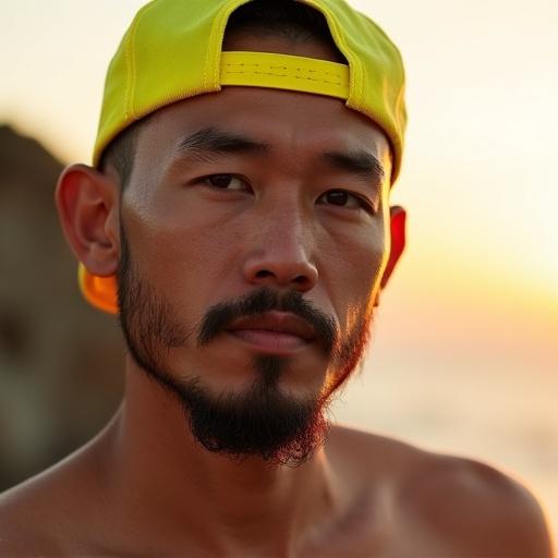 A close-up portrait of a Taiwanese man. Features a relaxed and outdoorsy vibe. Displays an Amish beard and very short buzz-cut hair. Bright yellow cap is worn backward. Scene includes warm sunset lighting and hints of a coastal background.