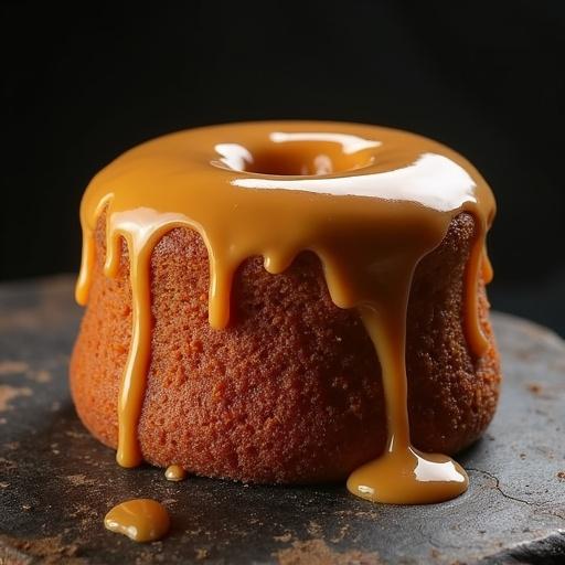 A close-up of a cake with glossy glaze dripping down. Dark background enhances contrast. Focus on texture and shine of the glaze.
