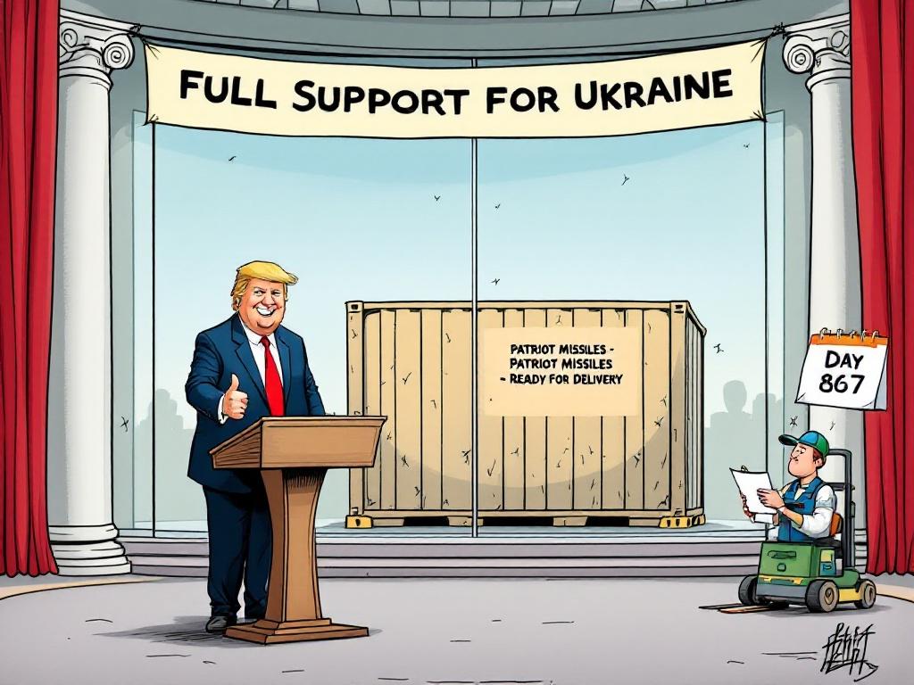 A grand government press room in the White House. Smiling politician at a podium. Banner reads Full Support for Ukraine. Behind him a dusty container labeled Patriot Missiles. Forklift operator nearby holding a clipboard. Calendar reads Day 867.