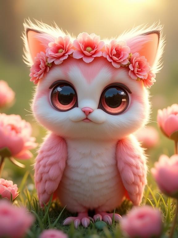 Charming chibi-style owl-kitty in a floral crown. Adorned with petals resembling flowers, large expressive eyes shine brightly. The cute character stands in a sunny garden filled with vibrant blooms and greenery. The setting is whimsical and aesthetically pleasing, showcasing ultra-detailed features.