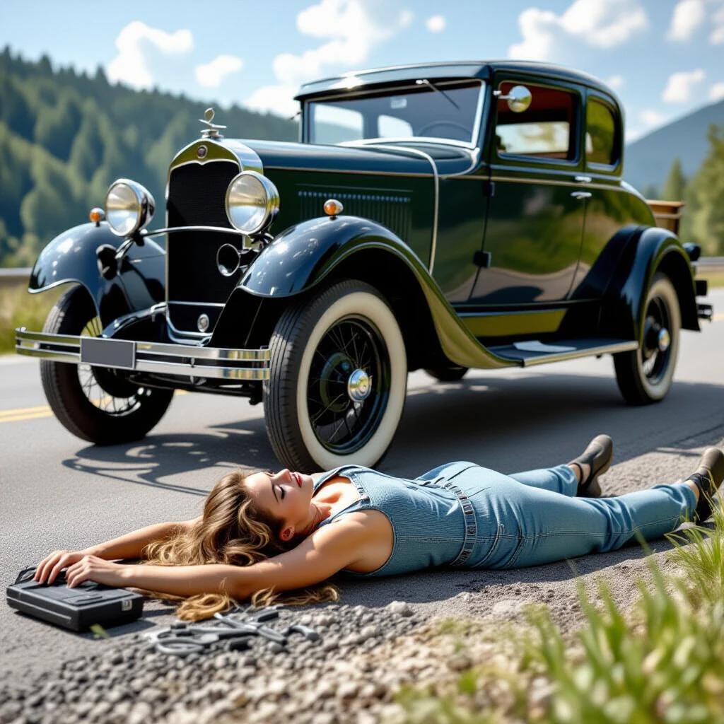A female mechanic works underneath a classic 1925 car on the roadside. The setting is bright with green mountains in the background. She is on her stomach with tools beside her.