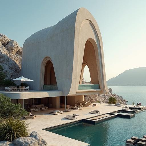 Artistic interpretation of a contemporary architectural masterpiece. A stunning modern building with a unique arched design. Located by a serene waterfront. Surrounded by rocky landscapes and lush greenery. Contains a luxurious pool area. Designed for relaxation and elegance.