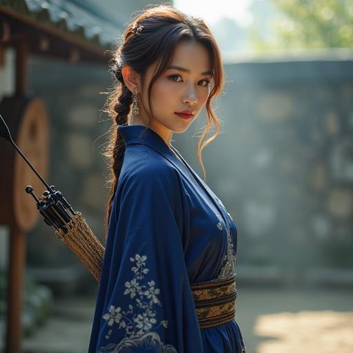 Portrait of a female scout named Clarisse inspired by fantasy themes. She's 25 years old with porcelain skin and a peaceful aura. Deep indigo kimono with cherry blossom design drapes gracefully. Hair is chestnut brown with soft waves and adorned with kanzashi. She carries a yumi bow and a pouch. Medieval training ground provides a serene backdrop.