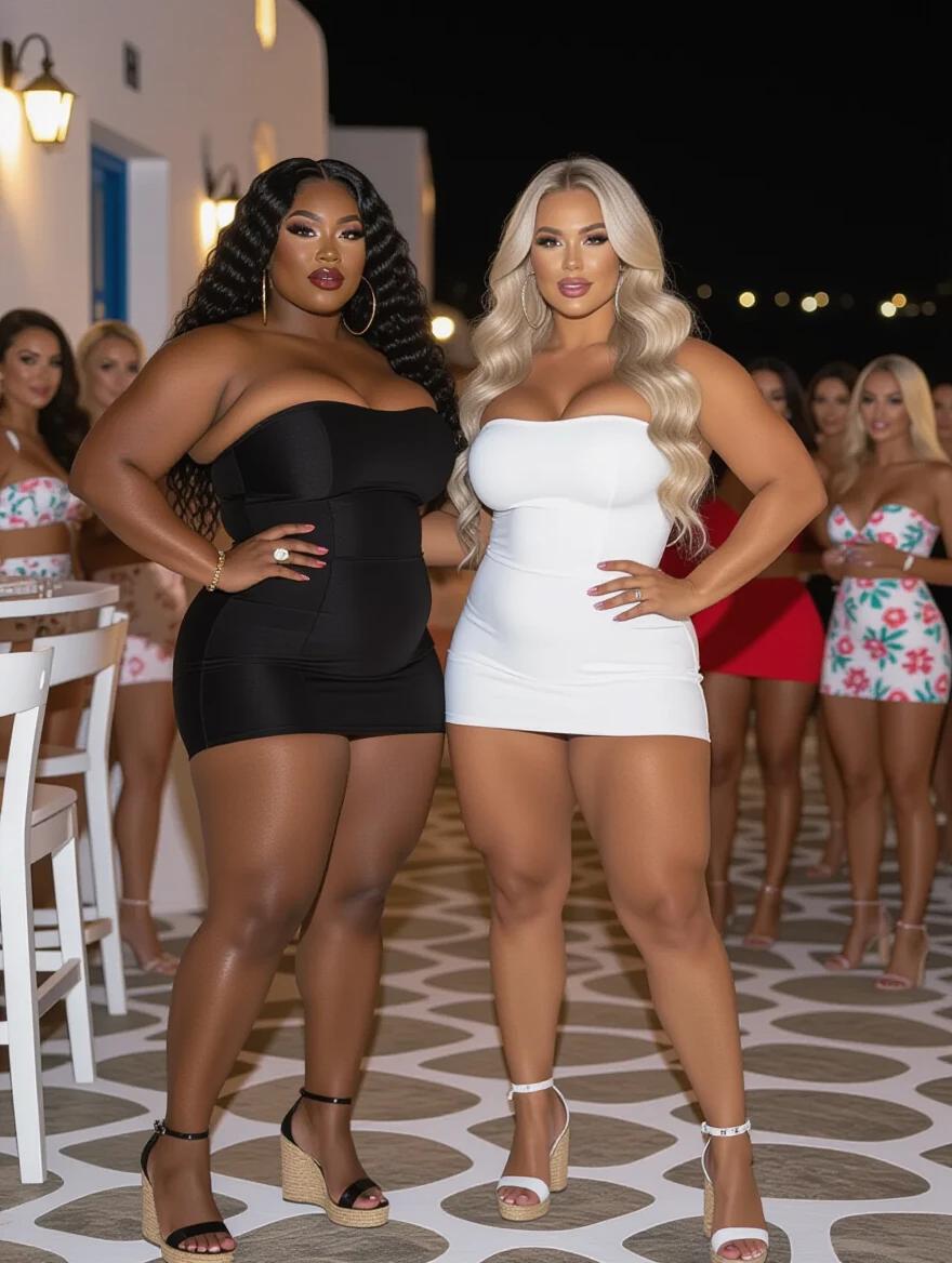 Two muscular women stand together in elegant strapless dresses. One has curly black hair while the other has wavy blonde hair. They dance side by side at a Mykonos bar at night. The atmosphere is vibrant with many women in colorful dresses. The setting is lively and festive.