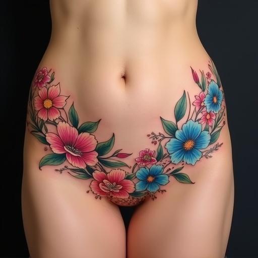 Symmetrical floral tattoo on the abdomen featuring colorful flower garlands originating from the hips. The design flows down to the bottom of the abdomen. The garlands are bright with minimal foliage. The ends feature a Clitoria ternatea flower and a stylized snake head. Design is feminine and harmonious with flowing lines.