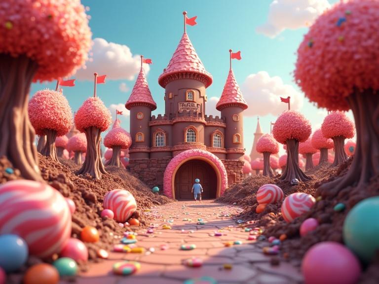 Vibrant digital illustration of whimsical chocolate kingdom filled with candy. Features dynamic lighting and cel-shaded textures in Candyland art style. Playful and colorful scene with candy elements.