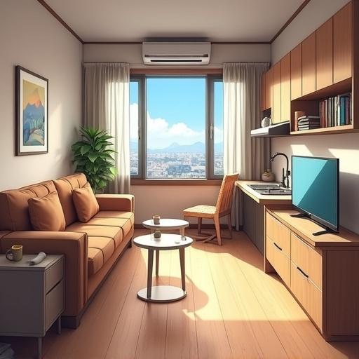 Small student apartment interior featuring a kitchen, a sofa, and a TV area styled in anime art. Bright space with large window and natural light.