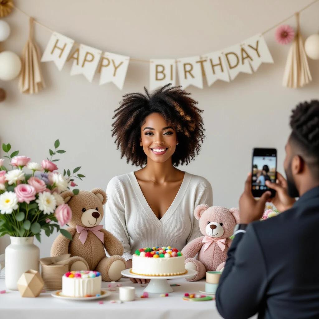 A woman with Afro-Colombian features smiles at a birthday party. She stands behind a decorated table filled with flower arrangements and a cake. A banner reads Happy Birthday. A man captures the moment with his phone.