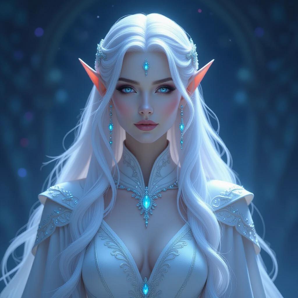 A stunning portrait of Lirael, a divine Artisan Elf matriarch. She has pearlescent skin and large silver eyes. White iridescent hair cascades down her back. Wears a midnight-blue gown with star patterns. Mood of creativity and serenity. Background has an aura of light and starlight. Hyper-realistic fantasy art style.
