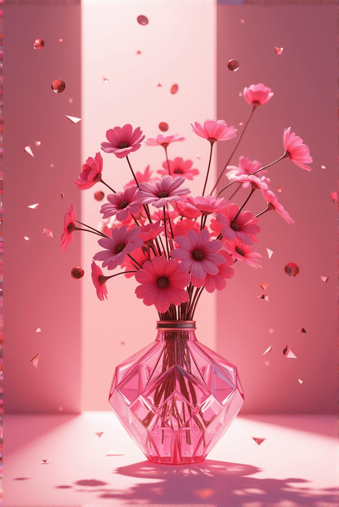 A pink glass vase holds a bouquet of vibrant pink gerbera daisies, surrounded by floating petals and confetti against a pink backdrop.