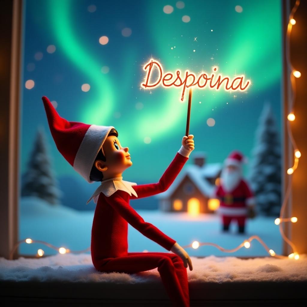 Elf on the shelf sits back to viewer gazing upward. Holds glowing wand emitting sparkling light. Background shows charming Christmas scene with colorful northern lights. Cozy house in distance decorated for holidays. Snow covers ground enhancing winter atmosphere. Elf embodies spirit of magic and wonder of Christmas. Name ‘Despoina’ written in air using wand creating holiday cheer.