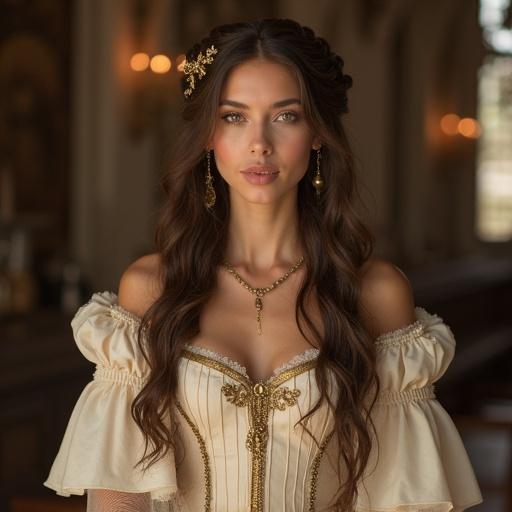 A graceful woman around 25 years old with long wavy hair and a braided crown. She wears a refined medieval gown with artistic sheer accents. The gown has subtle slits and soft flowing fabric. The scene is set in a medieval dining room with warm soft lighting. The atmosphere is dignified and tasteful. The woman has a gentle smile and porcelain smooth skin.