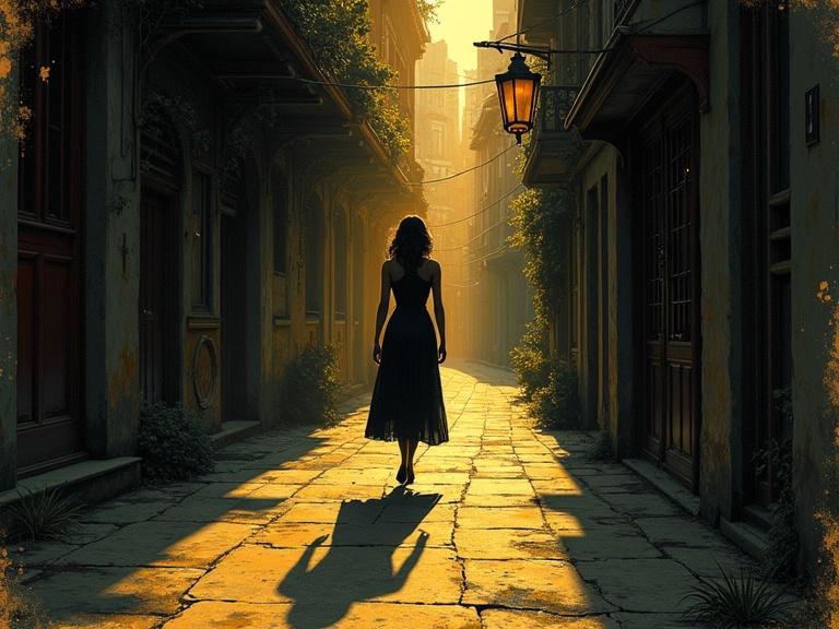 Lone figure walks down dark alley in vintage city setting. Shadows stretch long and distorted. Eerie atmosphere with vibrant dark colors. Detailed textures with distressed aesthetics. Noir lighting emphasizes silhouette.