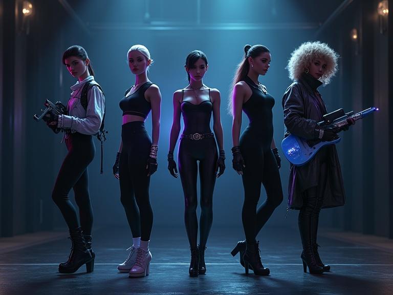 Create a dark cinematic live action image featuring a diverse group of five female superheroes. They wear sleek sci-fi suits and striking outfits. The background is dark with smooth flooring illuminated by blue, white, and purple lights. Each character displays unique styles and holds futuristic weapons or items. The scene captures tension and excitement, emphasizing the sleek and modern aesthetics of the characters.