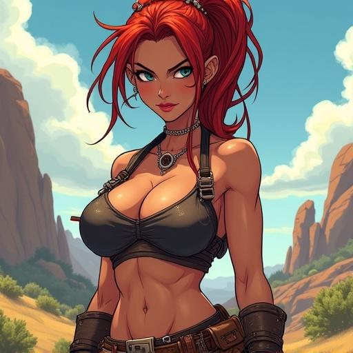 Anime art of a strong female outlaw in an outdoors setting. Features bold line work and painterly style. Displays a wild mischievous expression with a messy red ponytail. Character wears revealing leather armor, showcasing a muscular build. A confident pose with a utility pouch. The image reflects a fantasy theme with dramatic lighting.