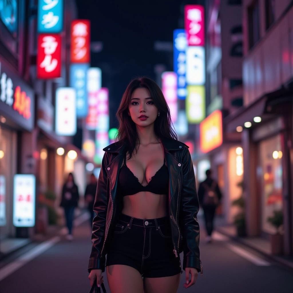 Japanese woman walking confidently in a neon illuminated street. She wears a black jacket and shorts. Bright colorful signs light up the street around her.