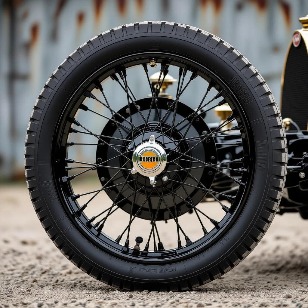 Close-up image of a 1925 Bugatti T35 wheel. Focus on spoke threads and details. Matte void background. Use phase-detection focus. No post-sharpening done.
