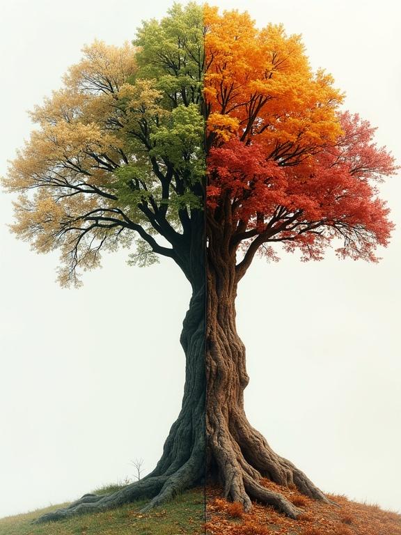 3d art with a tree split in two colors symbolizing seasons. One half is green for spring, the other is orange and red for fall. Texture of bark shown prominently with branches extending.