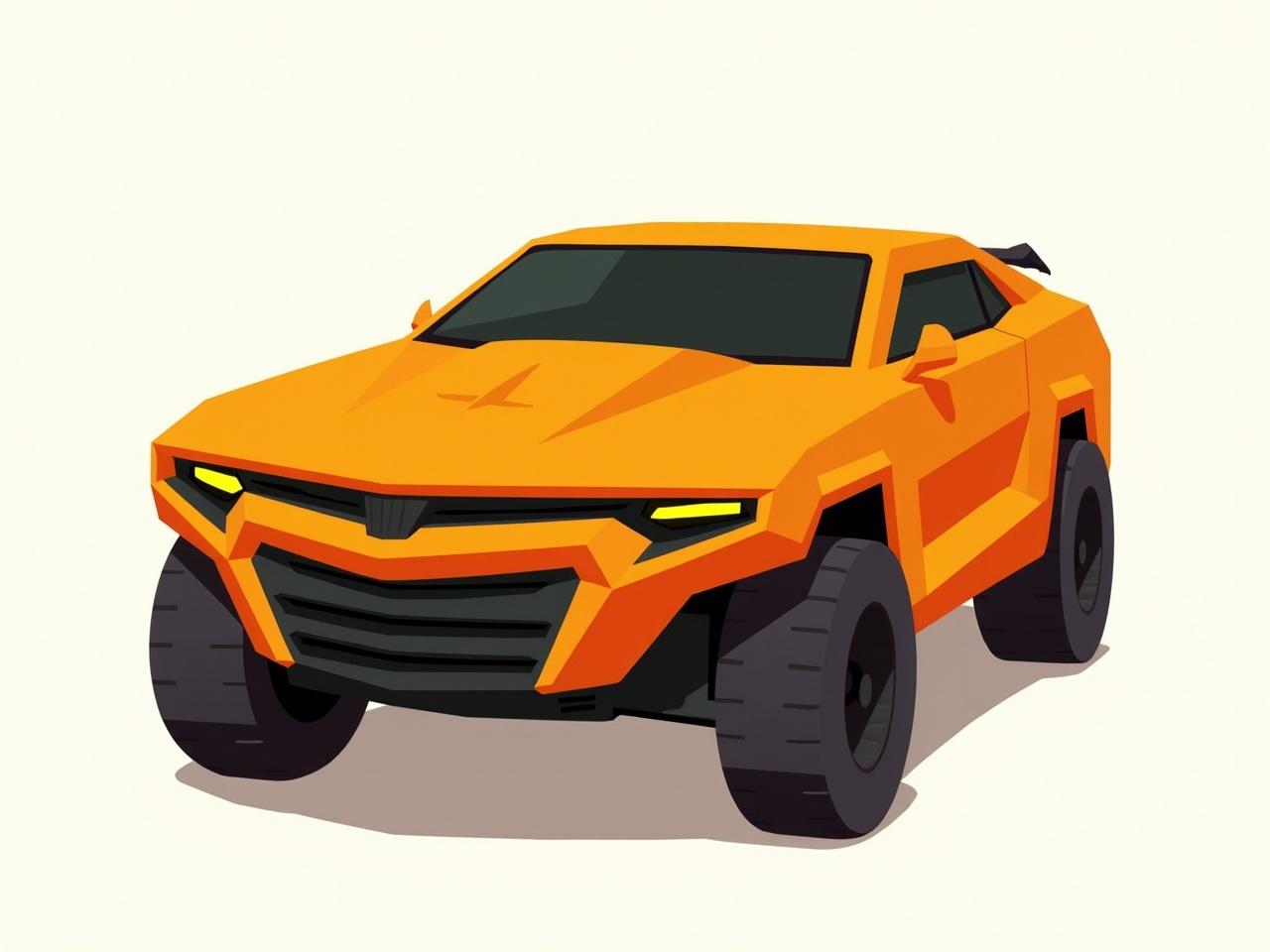 The image shows a stylized vehicle with an angular, modern design. It is primarily colored in a bright orange hue, giving it a striking appearance. The front features sharp, aggressive lines and a unique light design that creates a futuristic look. The vehicle appears to have a sleek profile, ideal for a sports car or a sci-fi vehicle. The background is simple and unobtrusive, emphasizing the vehicle's striking design.