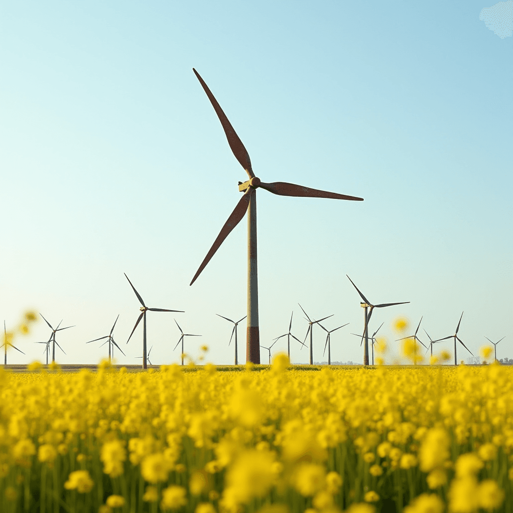 Wind turbines tower over a vibrant yellow field under a clear blue sky.