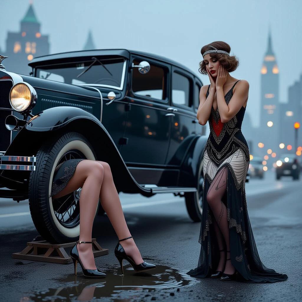Dramatic scene with two women in 1920s fashion. One woman is standing beside a vintage Ford Model A with hands on cheeks. Another woman's legs and high-heeled shoes are visible from under the car. The car is tilted with the engine smoking. The backdrop features Art Deco city lights in a foggy setting. Shallow focus on legs and face.