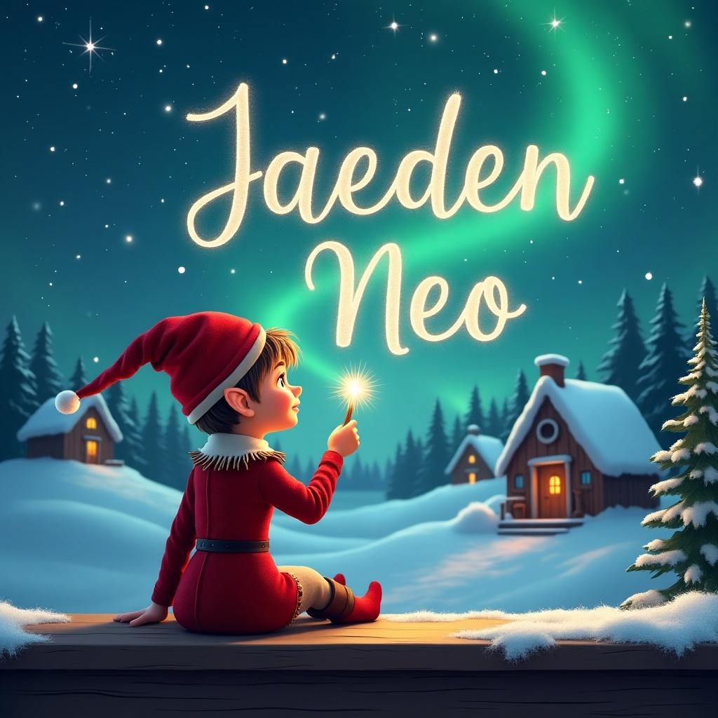 An elf sits on a wooden ledge with its back to the camera. The elf is dressed in a red outfit with a pointed hat and is gazing at a magical sky. In its hand, it holds a sparkling wand, through which it elegantly writes the names 'Jaeden' and 'Neo' in the stars. The enchanting background features a snowy landscape dotted with charming little houses and evergreen trees under the shimmering Northern Lights. This whimsical scene beautifully captures the essence of childhood magic and festive cheer.