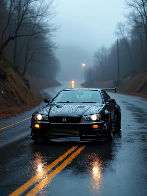 Black Nissan GT-R R34 parked on a wet winding mountain road after storm. Glossy black body reflects moody sky. Water droplets cling to surface. Car's aggressive stance and wide-body kit give menacing presence. Headlights glowing faintly. Cracked yellow lines on damp asphalt. Dark leafless trees surround. Distant mist present. A lone streetlamp flickers in background.