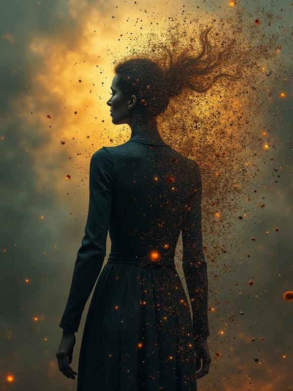 Image features a figure disintegrating into subatomic particles. Background includes floating Feynman diagrams. Artwork demonstrates abstract expressionist and dadaist styles with an optical illusion. Contains moody lighting and has a cinematic quality.