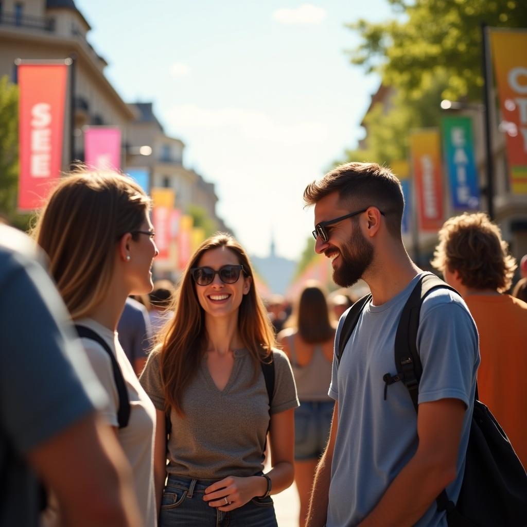 Generate an image of three to five people happily talking in a bustling public space with an excited crowd in the background.