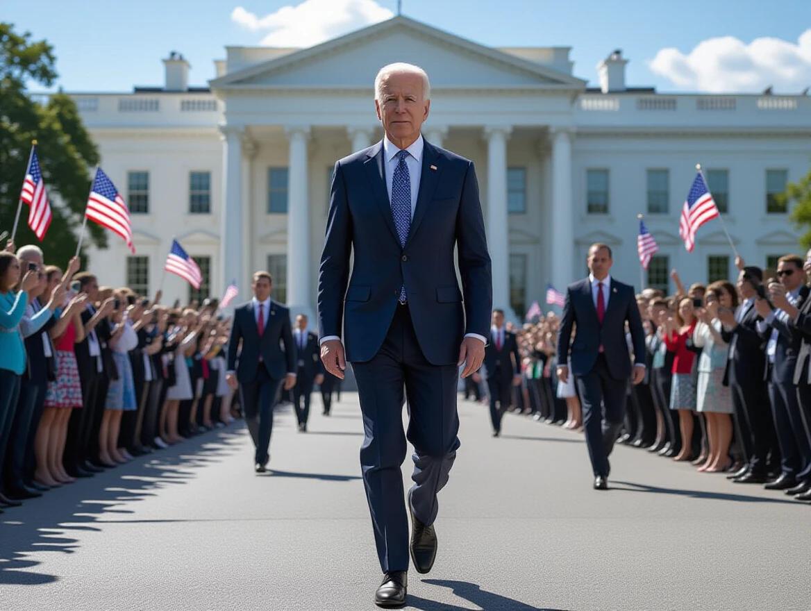Photo of Joe Biden walking towards the camera with a serious expression. Background includes a crowd of concerned onlookers and security personnel. American flags are visible waving in the wind. Bright natural light highlights the scene.