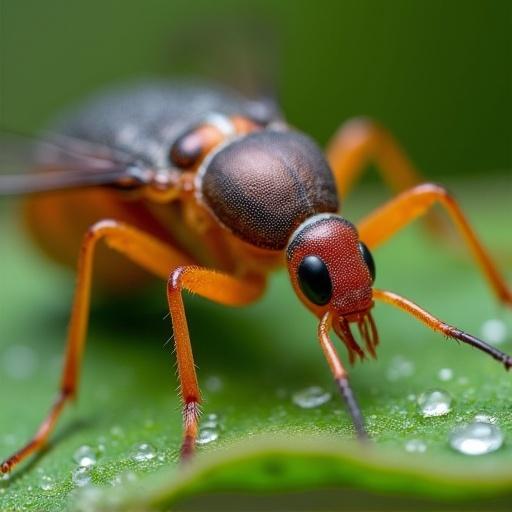 Close-up image of an adult insect resembling a skilworm on a green leaf with droplets of water.