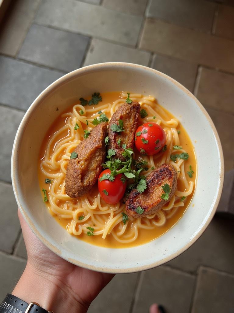 A person holding a bowl of noodles. The bowl contains pasta with tomatoes and fried patties. Fresh coriander is sprinkled on top. Natural light enhances the dish's colors.