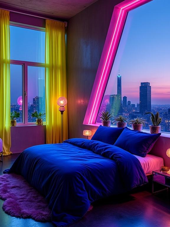 A striking bedroom with cobalt blue velvet bedding and neon citron curtains. Angular windows reveal a city skyline at dusk. Neon reflections off mirrored furniture and chrome lamps. Glass planters hold glowing succulents. Textured concrete walls catch lime light. Bold and unforgettable design.