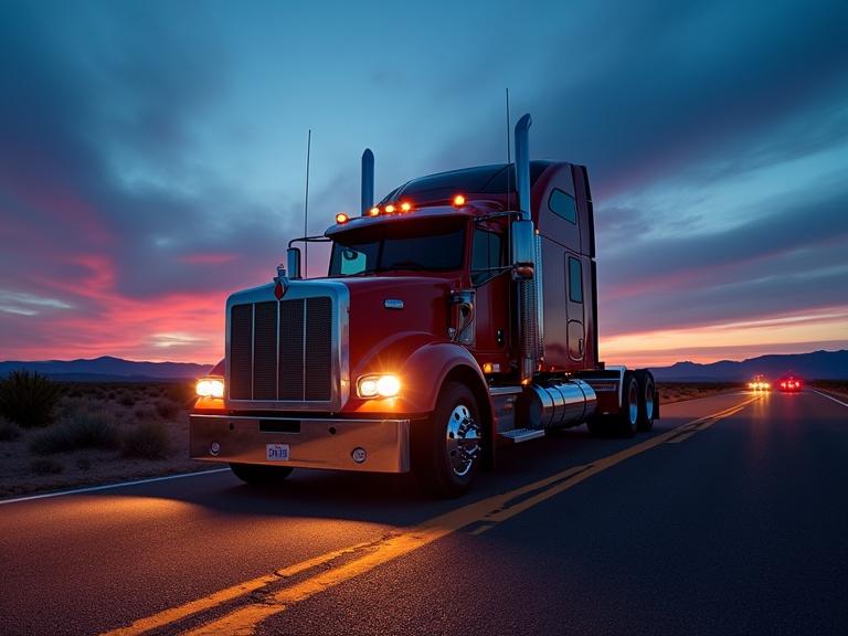 Ultra-detailed 8K dusk photography showcasing a Kenworth T800 semi-truck. Front grille angled toward camera. Headlights illuminate asphalt. Chrome surfaces reflect twilight hues. Low-angle wide shot captures silhouette against deep cobalt blue sky. Route 66 highway with cracked pavement and sagebrush shadows. High-altitude cirrus clouds tinted magenta by sunset. True-to-life dusk color science. Light cones from headlights illuminating road. Kenworth logo glowing from LED accents. Amber and indigo color palette with enhanced lighting. Dynamic light trails from dust particles.
