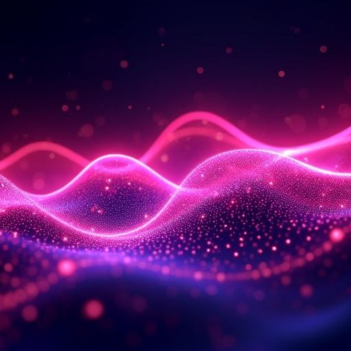 Artwork features vibrant abstract scene with luminous pink and purple waves composed of glowing dots. Dark background enhances color brightness. Flowing waves suggest rhythm and sound, evoking creativity. Suitable for digital projects or marketing visuals.