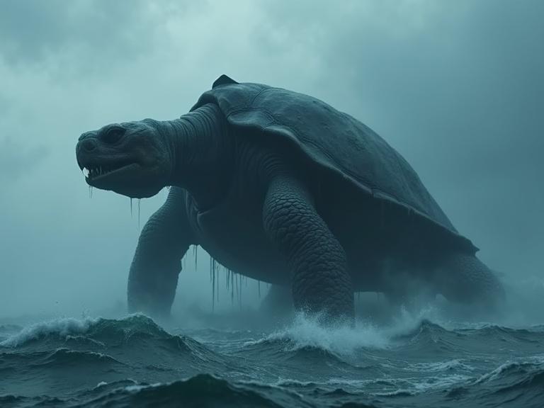 Dark cinematic scene of a large greyish blue tortuous turtle emerging from stormy ocean waters. Creature features a textured shell, sharp tusks, and a short neck with waves crashing around. Atmosphere filled with mist and rain, emphasizing the enormity of the figure. Captured in high detail with realism and dramatic lighting.