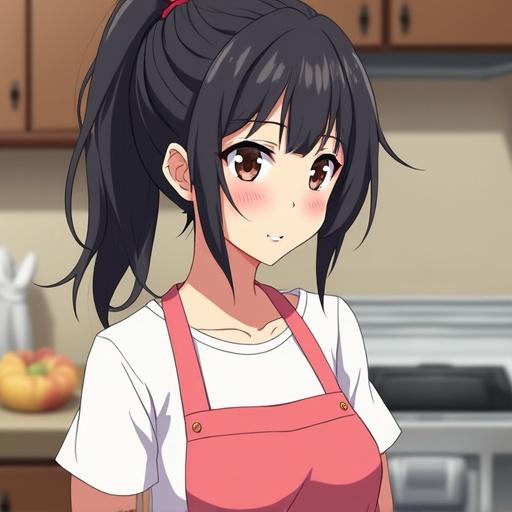 Anime character in a cozy kitchen with a shy smile and blushing face. Young woman with dark hair in a ponytail and wearing a pink apron. Messy hairstyle with face-framing strands.