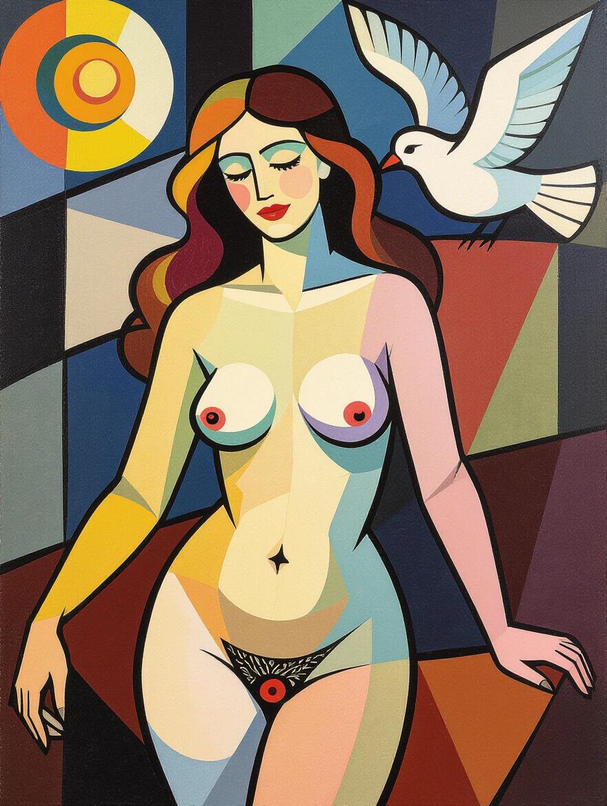 Stylized depiction of a beautiful woman with complementary colors. The female figure stands confidently with a bird. The background features abstract shapes and vibrant hues.
